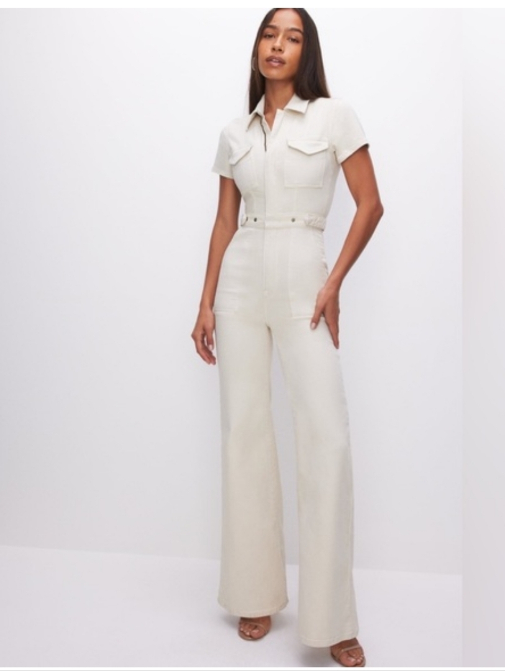 Good American Cream Short-Sleeve Wide-Leg Jumpsuit